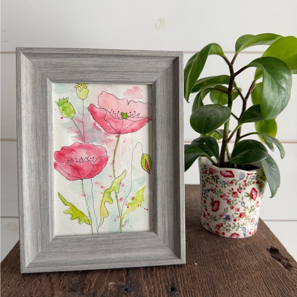 Hand Crafted Other - Gray Framed Floral Watercolor original 4x6